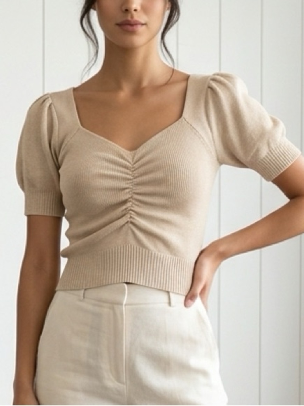 Beige Ruched Puff Sleeve Crop Top Cream Ribbed Knit Size Small Medium Stretchy